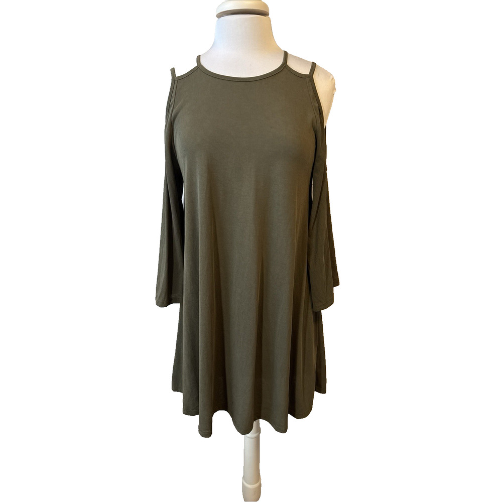 BP Womens M Fairy Modal Flare Sleeve Cold Shoulder Dress Cut Out Boho Army Green